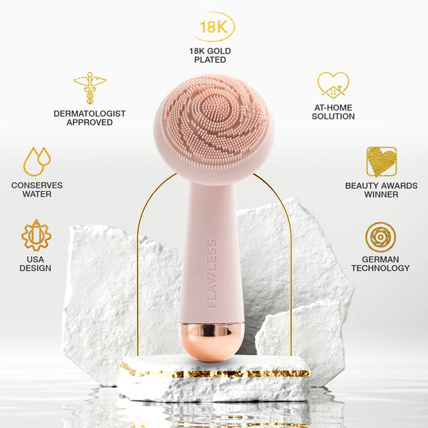"Dermatologist approved | Waterproof– perfect for shower | Rechargeable battery | 18K Gold plated | German technology "